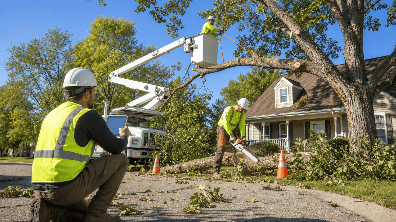 Wind-bent tree with broken branches near a house, dark storm clouds overhead and debris scattered on wet ground.