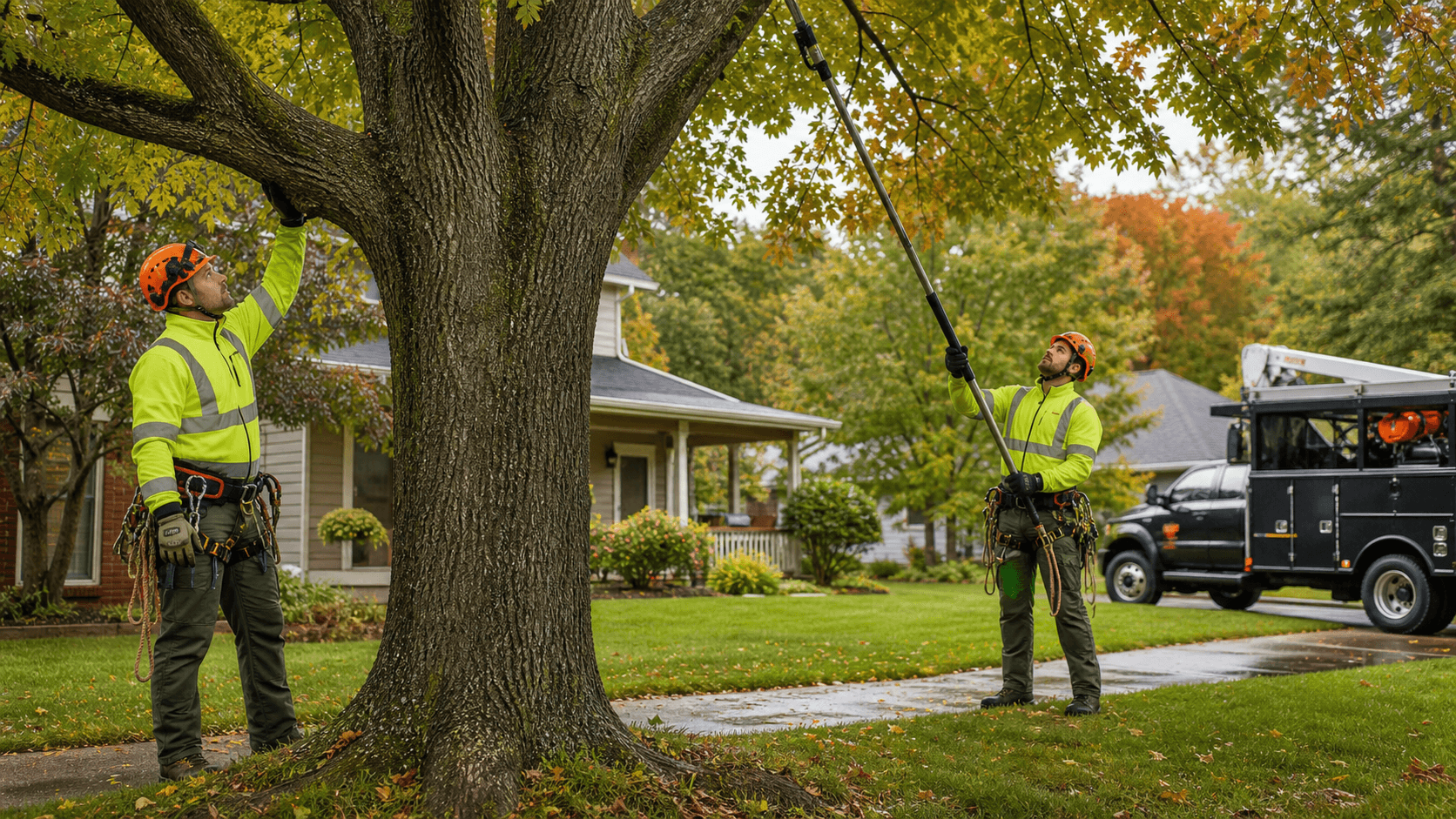 Arborist in safety gear trims a leafy tree beneath a gray, rainy autumn sky.