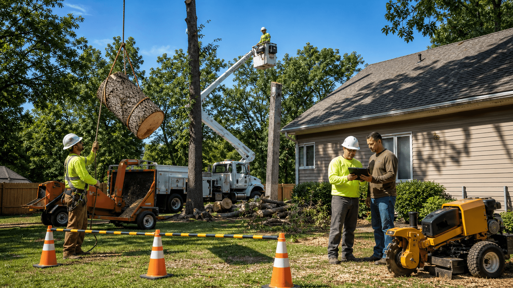Worker in safety gear uses a chainsaw to cut a large tree in a sunny suburban yard, sawdust flying.