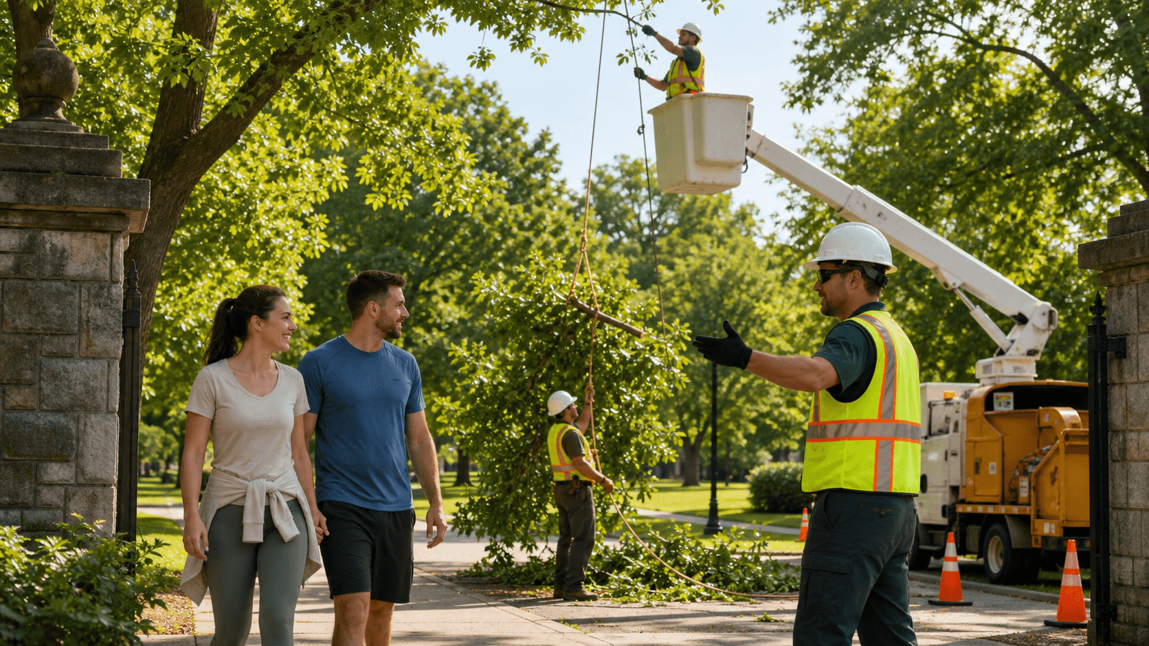 Workers in bright safety vests trim tall trees beside a sunlit park path, with cones and a truck nearby