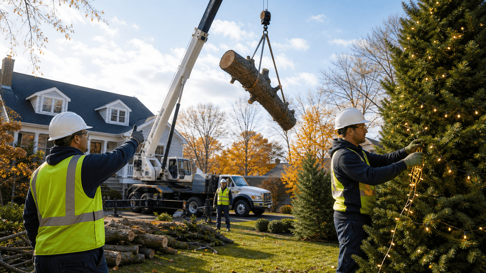 A worker removes a leafless tree beside a house decorated with warm white holiday lights at dusk.