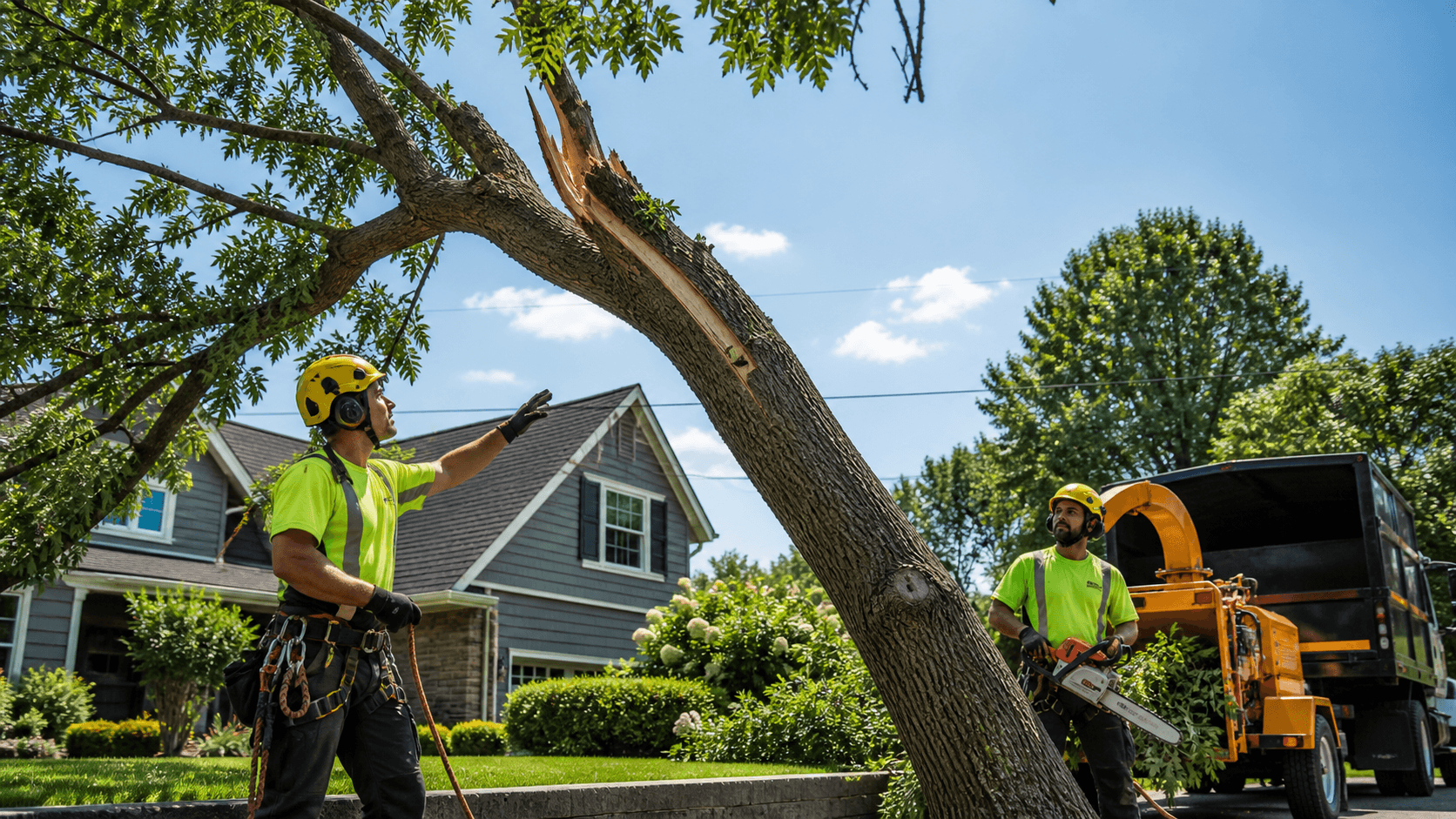 Worker in safety gear trims a large tree beside a home under dark, stormy autumn skies.