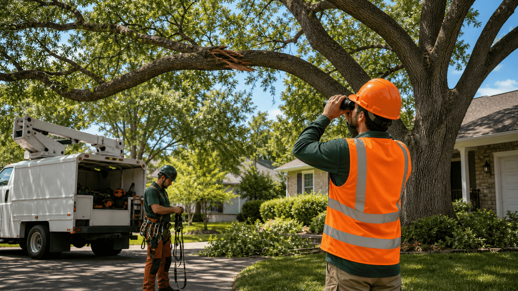 Arborist in safety gear examines a cracked tree branch against a bright blue sky.