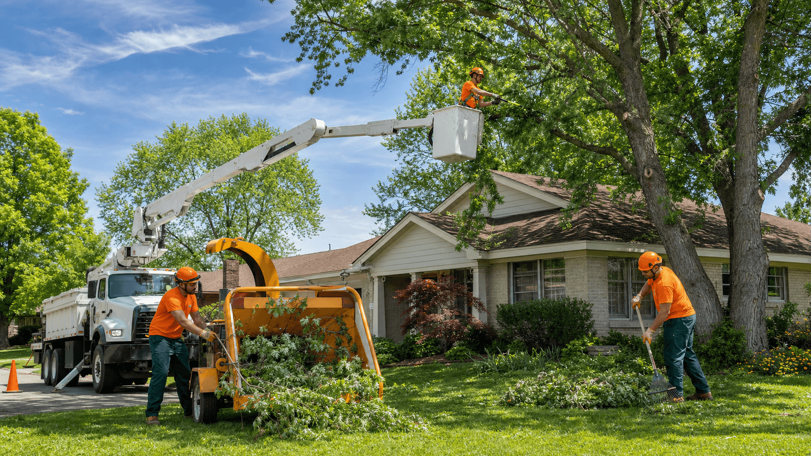 Sunlit backyard tree with overgrown branches being trimmed by a person in gloves, blue sky in the background.