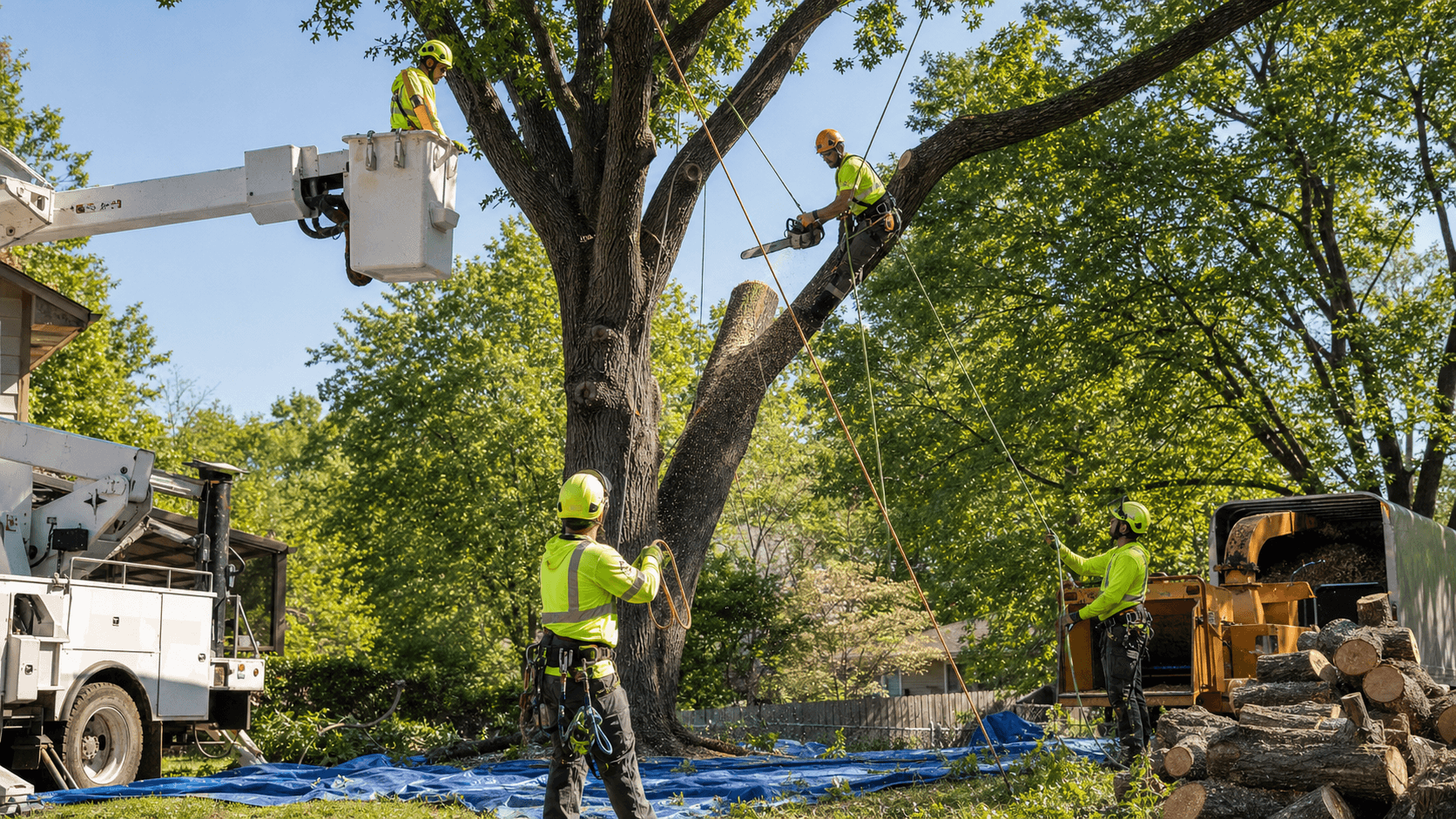 Arborists in helmets cut a large tree with chainsaws as a crane lifts branches under a bright blue sky.
