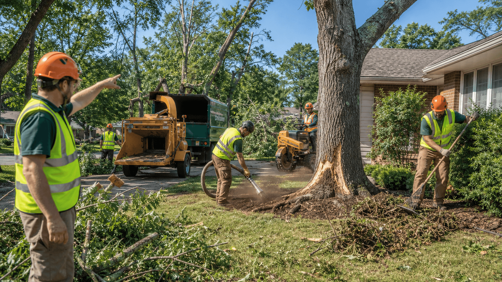 Workers in safety gear remove fallen tree limbs beside a damaged house under gray skies, debris scattered on wet grass