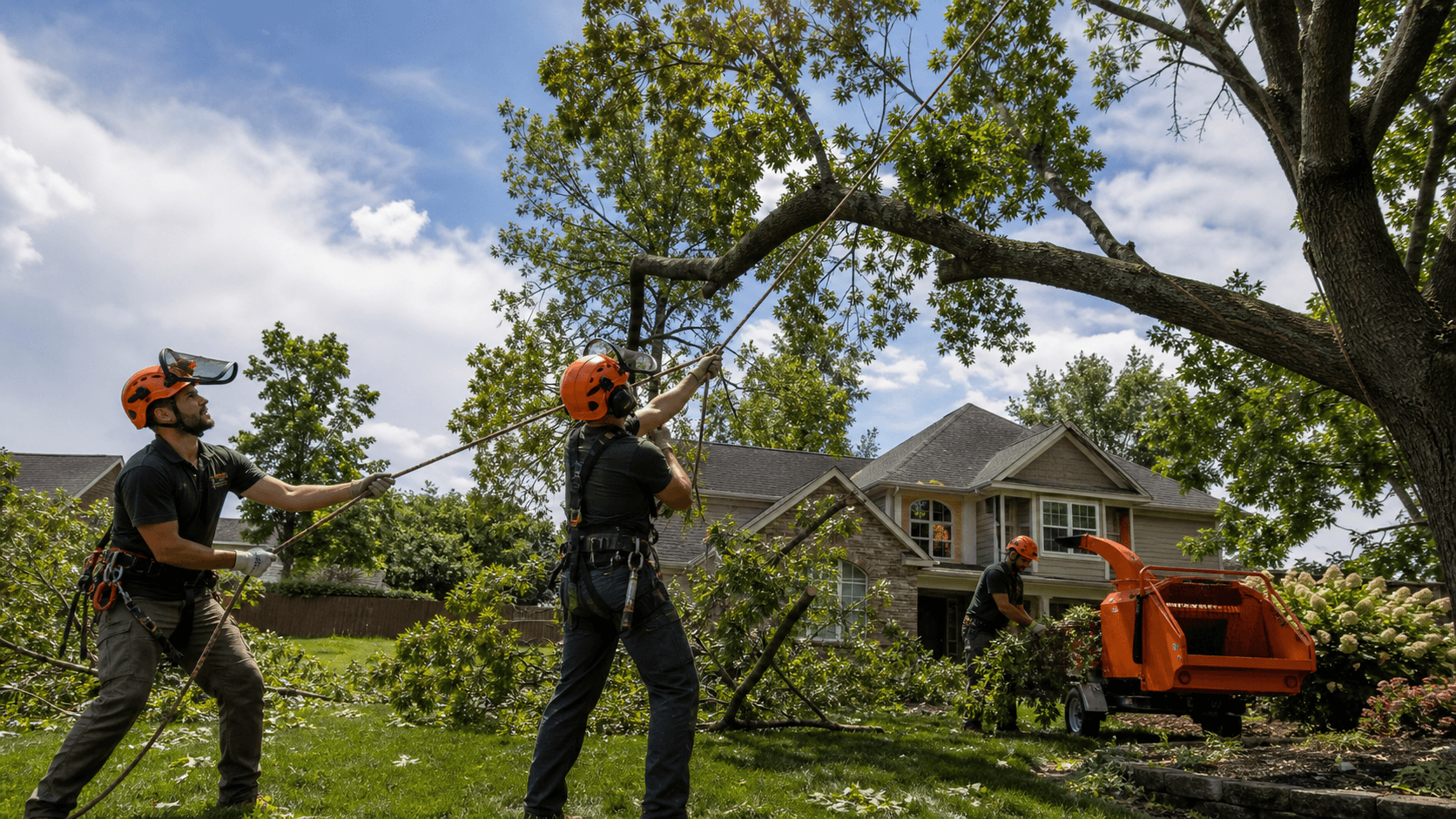 Workers clear broken tree limbs from a leafy yard beneath a gray, stormy sky.