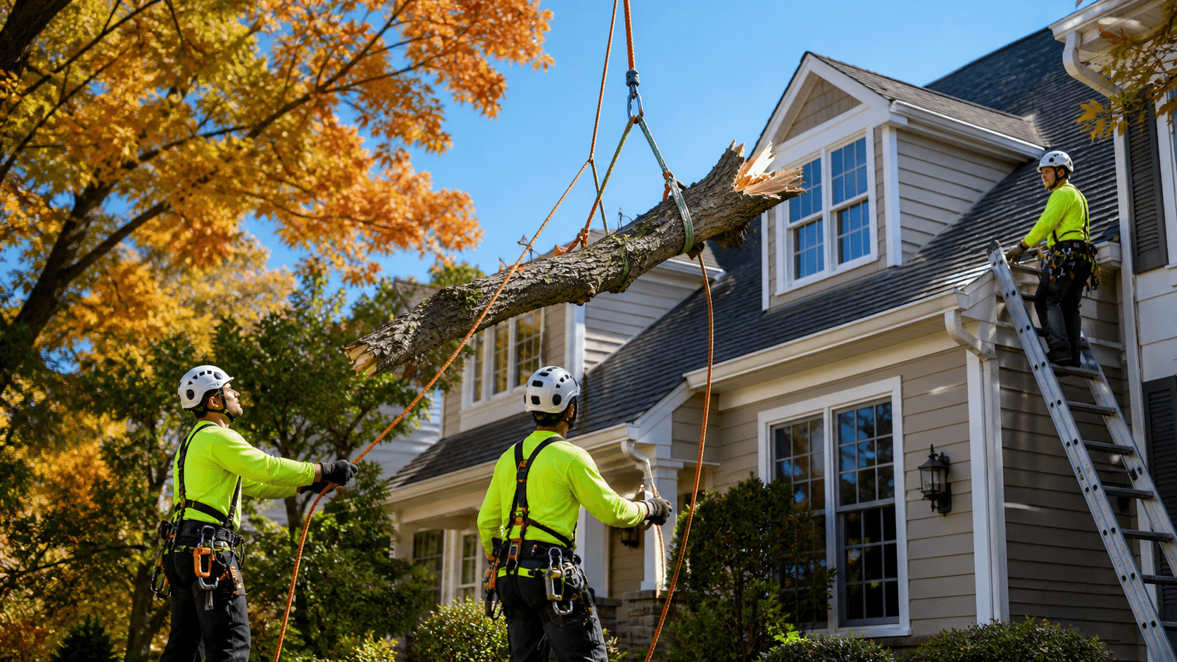 Storm-damaged tree limbs hang over a leaf-covered roof beneath a cloudy autumn sky.