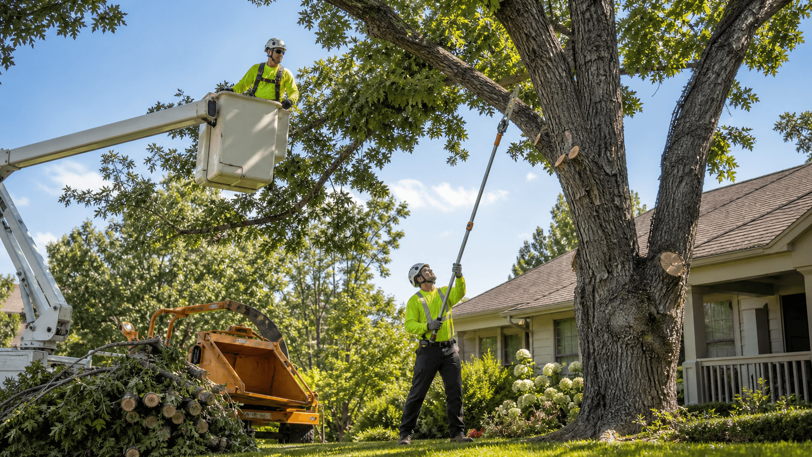 Trimmed green tree beside a suburban home under a bright blue sky with scattered white clouds.