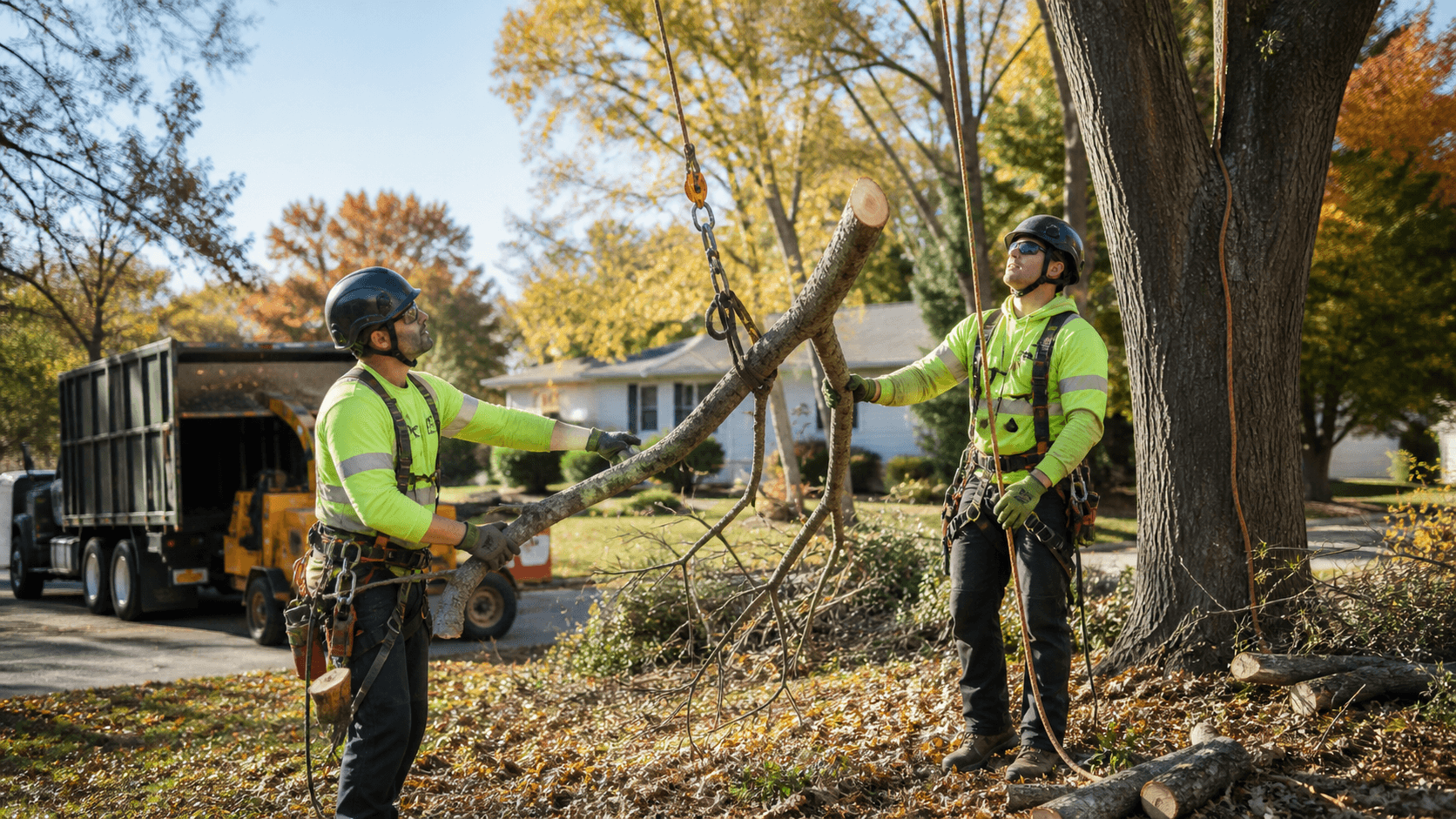 Arborist cutting a tree with a chainsaw amid dry golden leaves under clear autumn sunlight.