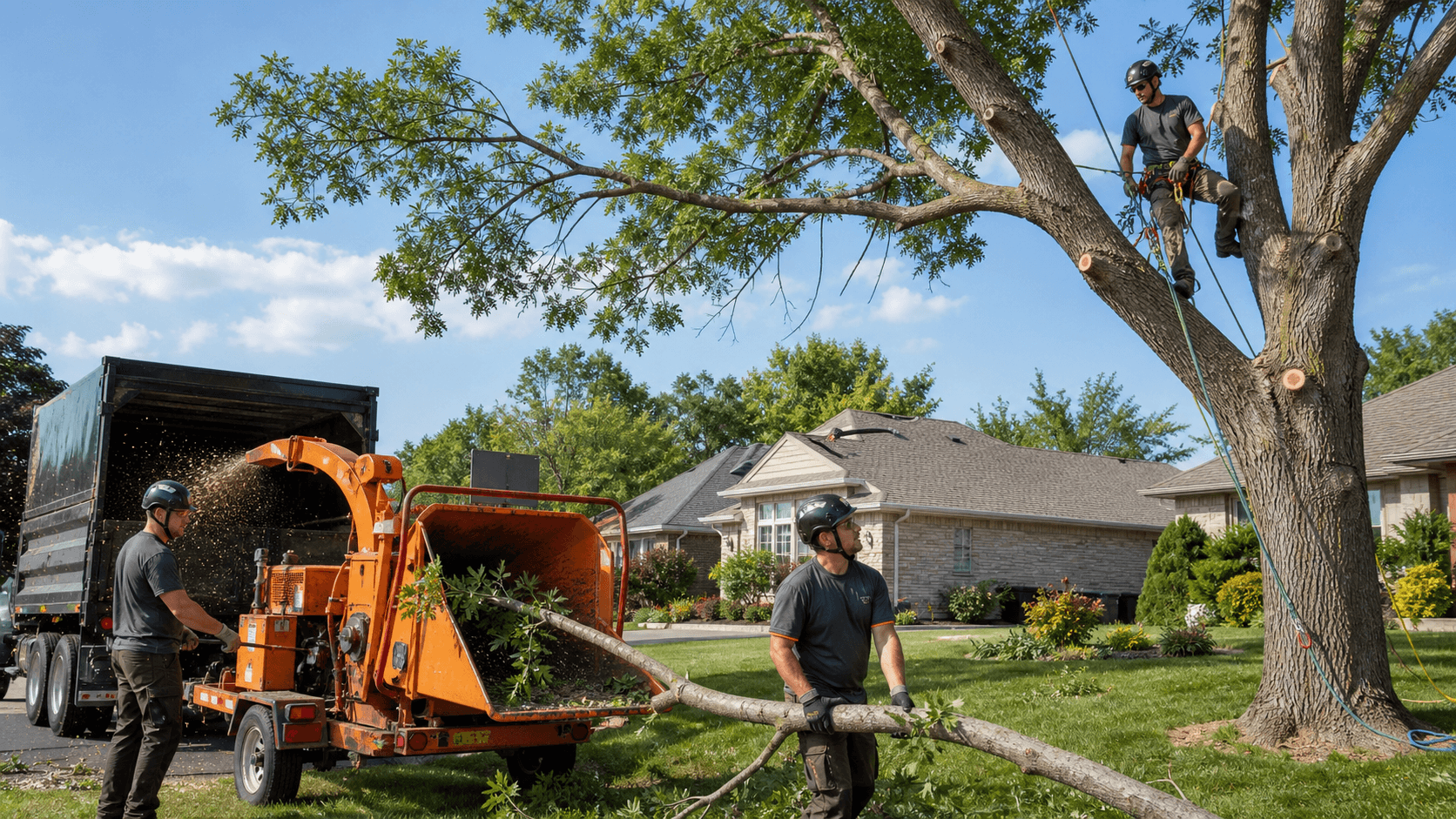 Arborists in safety gear remove a large tree with ropes and chainsaws beside a suburban home.