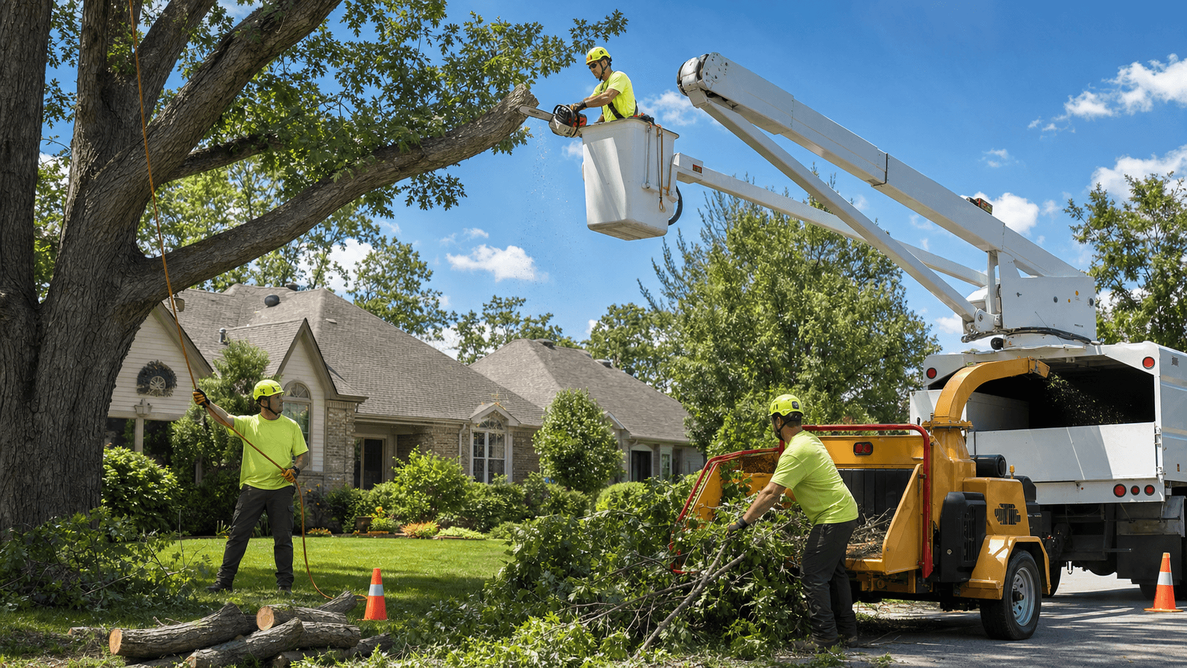 Arborist in orange helmet cutting a tree with a chainsaw in a sunny backyard, logs stacked nearby.