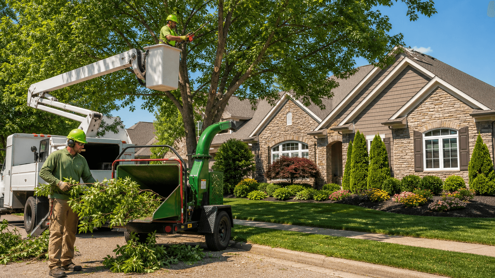 Sunlit suburban front yard with lush green trees, neatly trimmed shrubs, and a bright walkway leading to a porch.