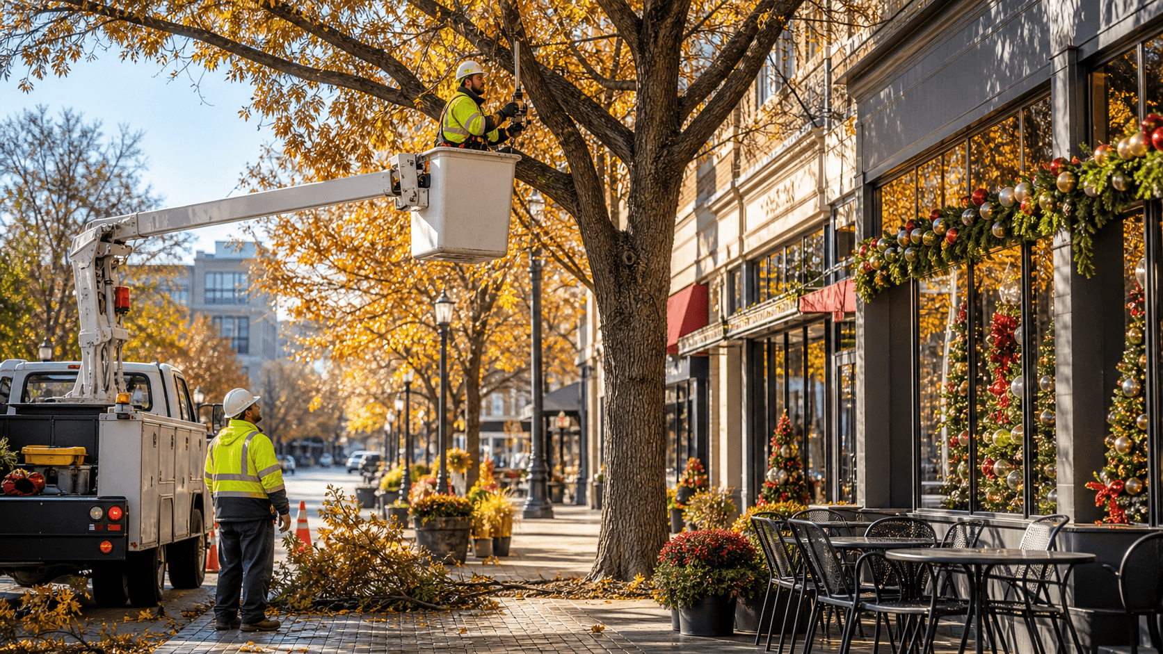 Tree crew trims leafy branches beside a storefront, with holiday lights and pedestrians in the background.